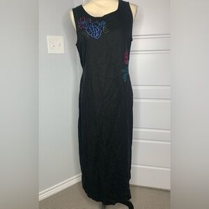 Vintage White Stag Dress Womens L Black Floral‎ Embroidered Linen Blend Maxi